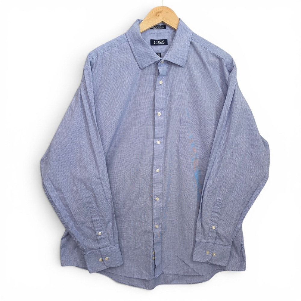 Chaps Shirt Mens 17.5 34/35 Blue Button Classic Fit Wrinkle Free Cotton Blend